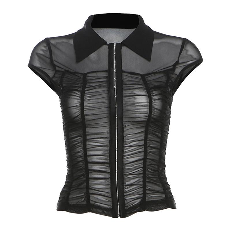 Cap sleeve mesh turnover collar ruched button top