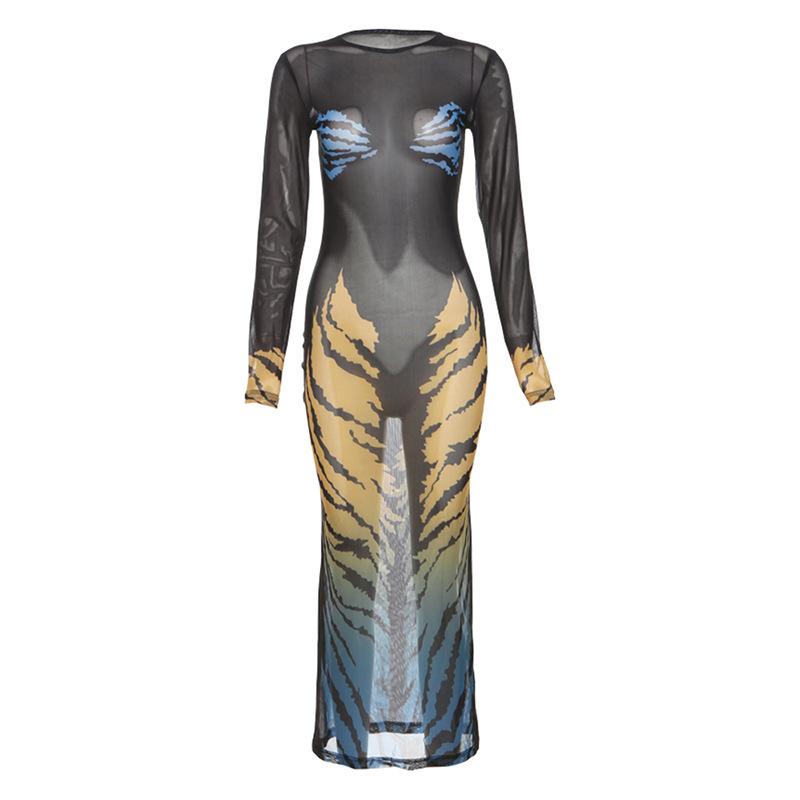 Long sleeve tiger print crewneck sheer mesh midi dress  | samba dress