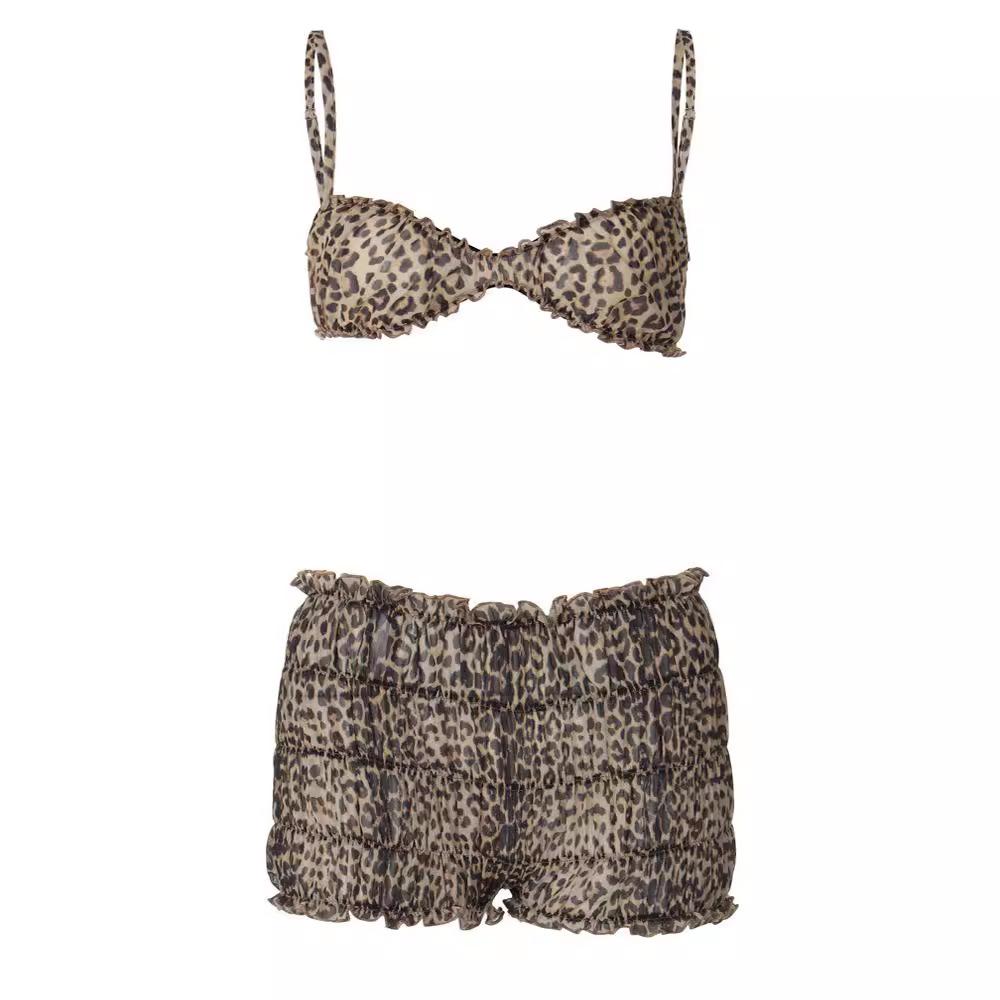 Leopard print ruffle ruched crop chiffon cami pant set