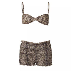 Leopard print ruffle ruched crop chiffon cami pant set