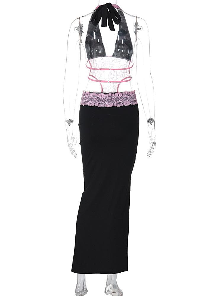 Halter patchwork lace deep v neck maxi dress