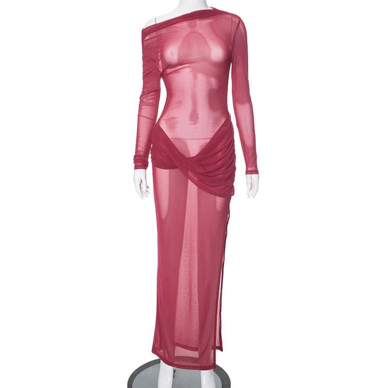 Long sleeve off shoulder sheer mesh ruched slit maxi dress  | red tango dress  | samba dress