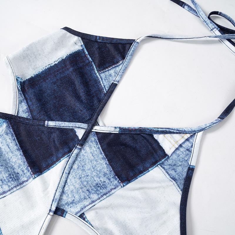 Halter patchwork denim hollow out mini dress