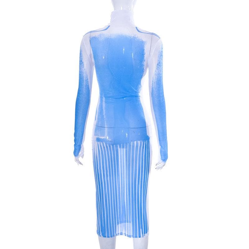 Sheer mesh see through turtle neck long sleeve contrast print midi dress  | samba dress