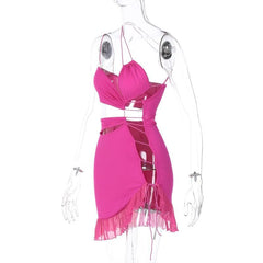 Irregular hollow out ruffle backless one shoulder spaghetti strap mini dress  | red tango dress