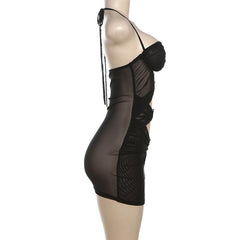 Sheer mesh halter self tie hollow out ruched mini dress  | samba dress