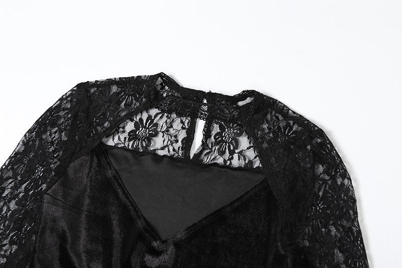 Long sleeve v neck lace velvet patchwork maxi dress