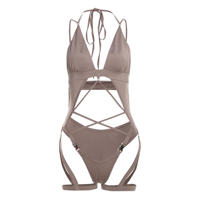 V neck cross front hollow out solid cami bodysuit