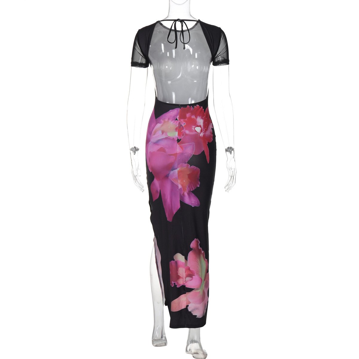 Short sleeve print slit backless maxi dress