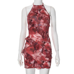 Halter self tie flower print backless ruffle mini dress  | red tango dress