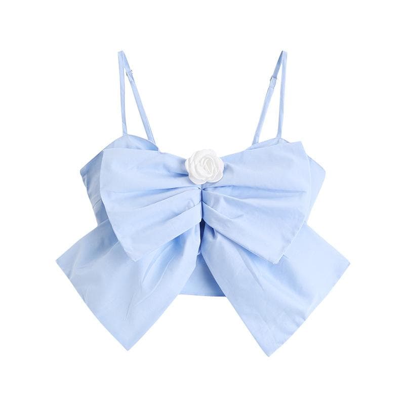 Rose applique ruched smocked solid bowknot cami top