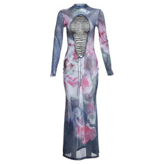 Long sleeve print sheer mesh lace up maxi dress  | samba dress