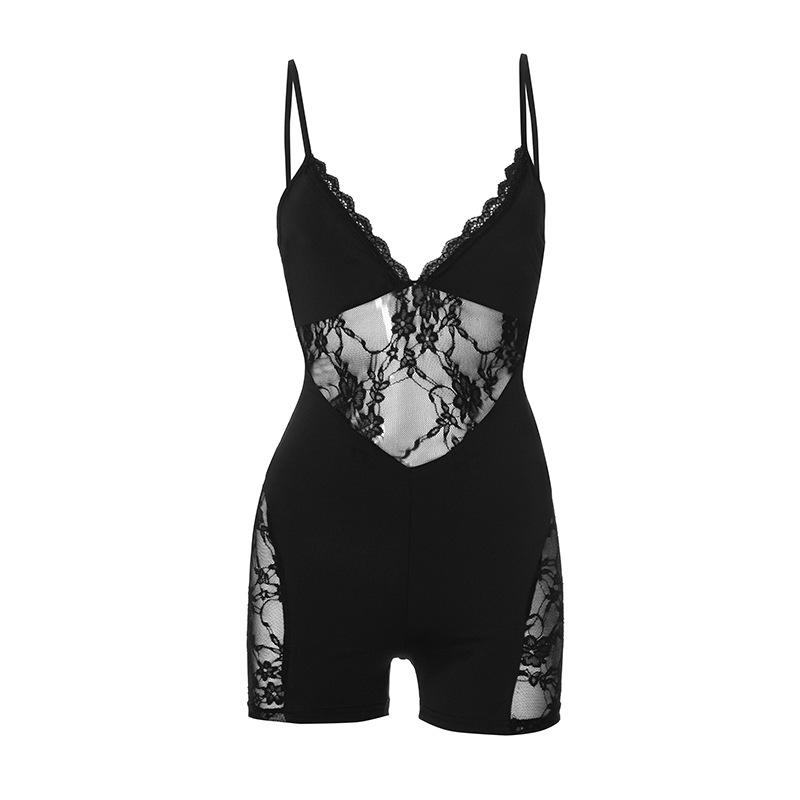 V neck lace hem patchwork cami romper