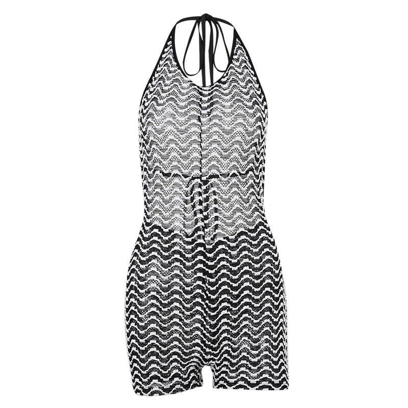 Textured see through halter self tie contrast backless romper