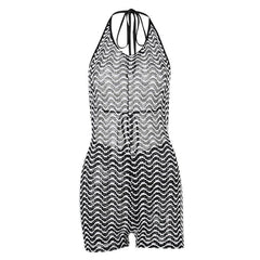 Textured see through halter self tie contrast backless romper