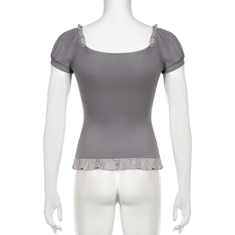 Short puff sleeve stitch ruffle bowknot top