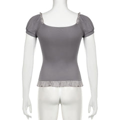 Short puff sleeve stitch ruffle bowknot top