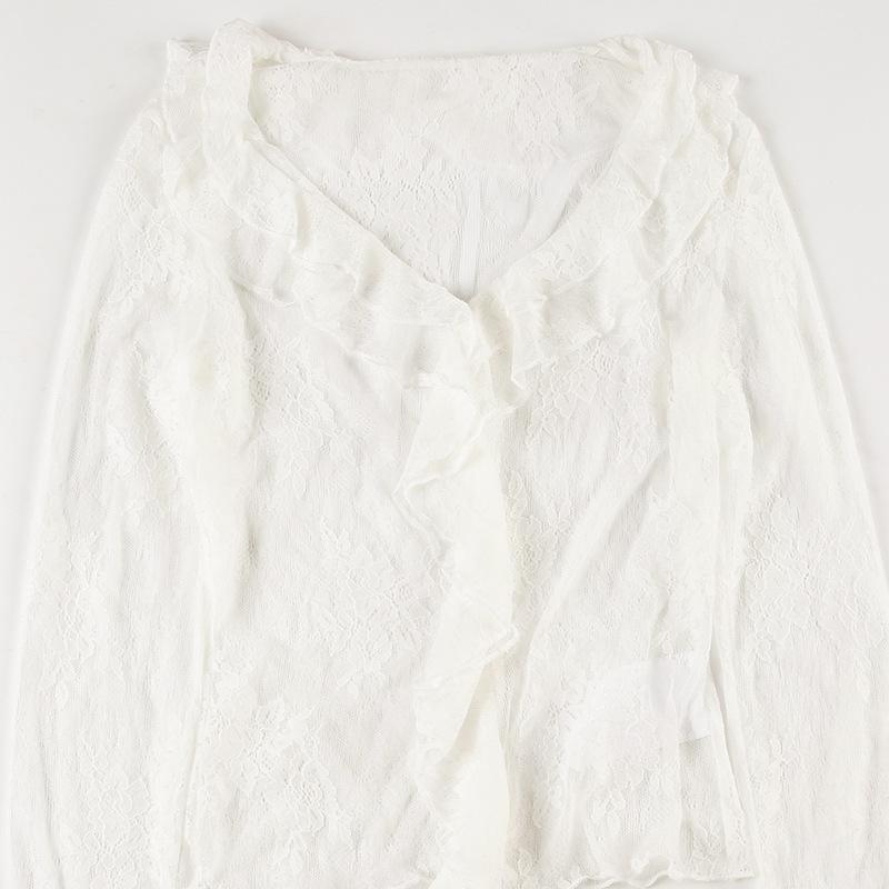 Long sleeve ruffle lace see through top