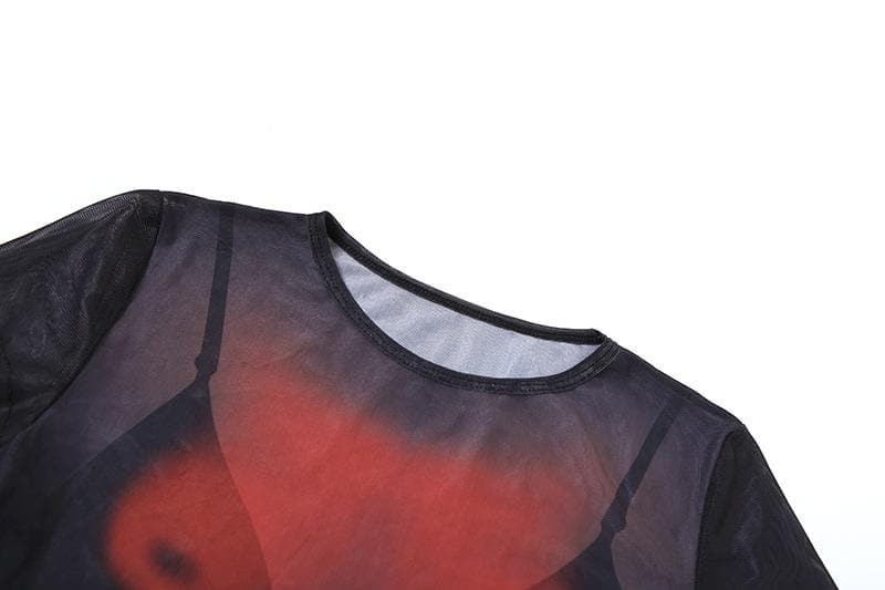 Short sleeve body print sheer mesh crop top