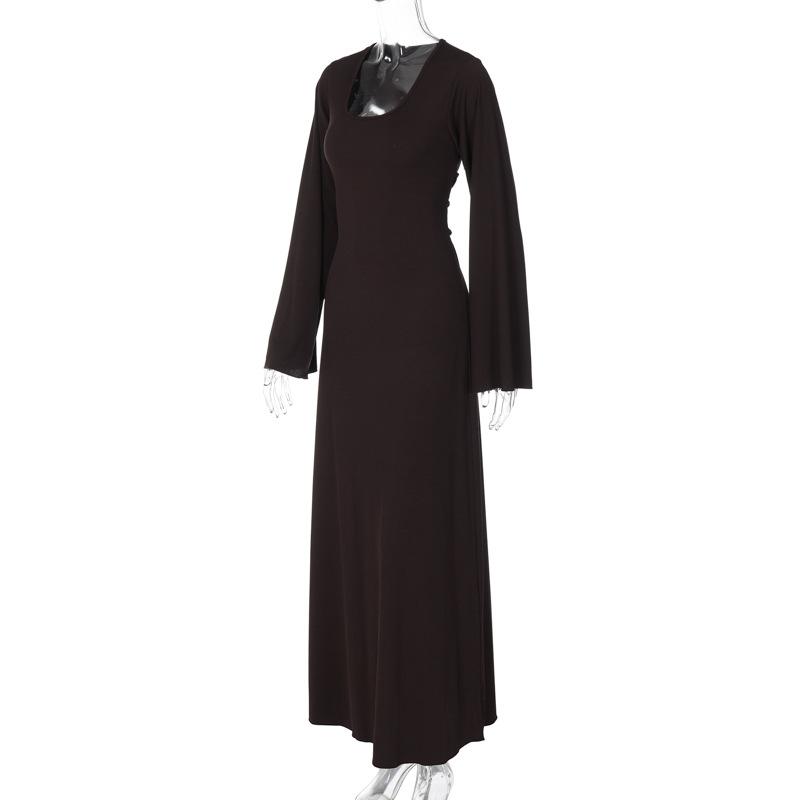 Long sleeve u neck ribbed solid maxi dress  | red tango dress