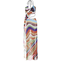 Halter print contrast high slit sheer mesh maxi dress  | samba dress