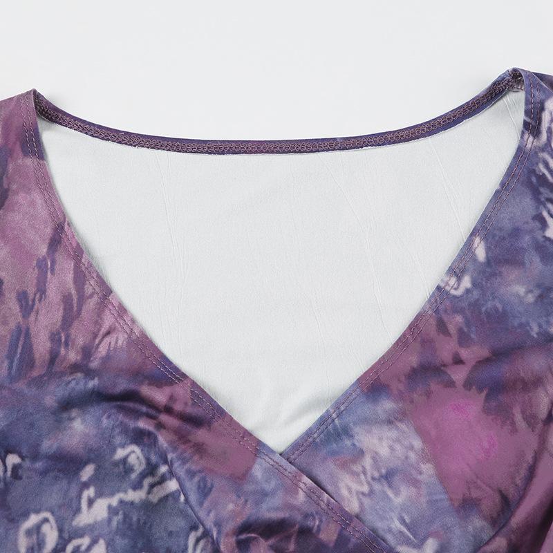 V neck long sleeve tie dye ruched top