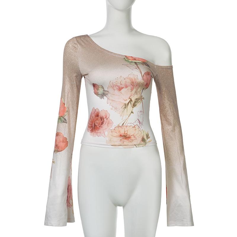 Long sleeve one shoulder flower print gradient top
