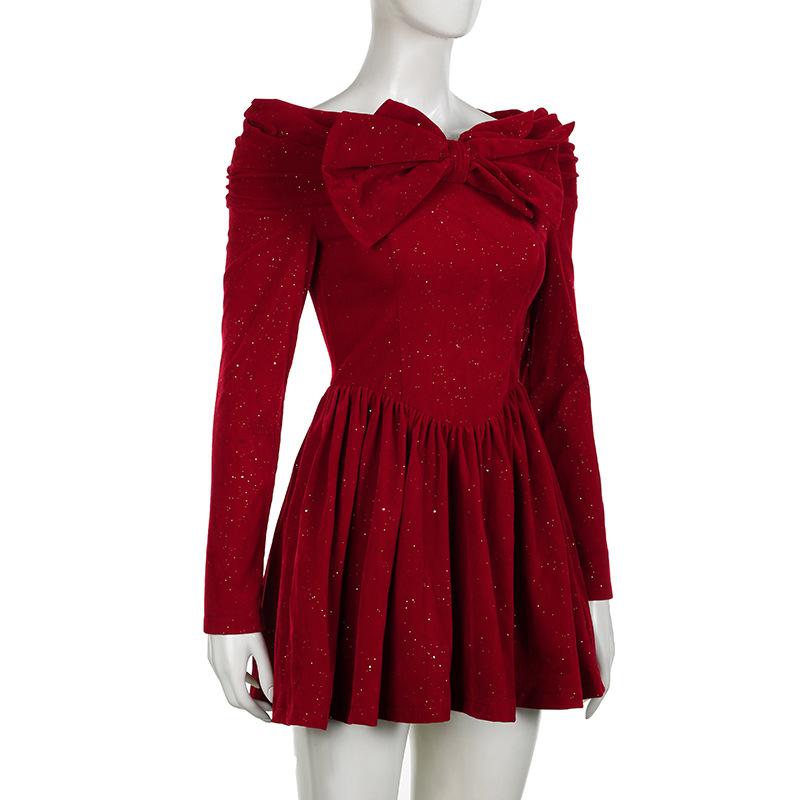 Off shoulder long sleeve beaded bowknot mini dress