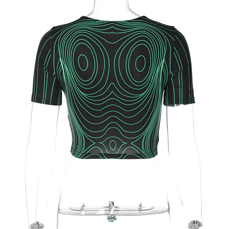 Short sleeve round neck contrast abstract print crop top