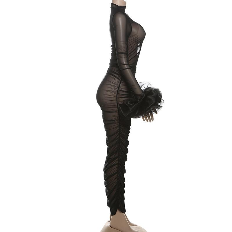 Long sleeve mesh see through ruched maxi dress
