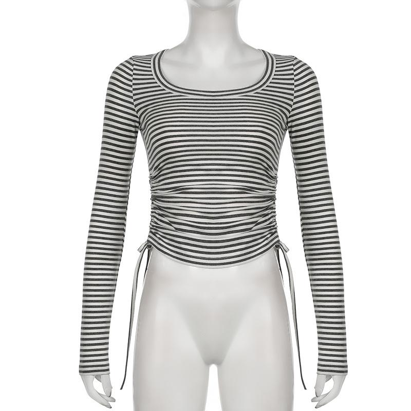 Long sleeve round neck striped drawstring top
