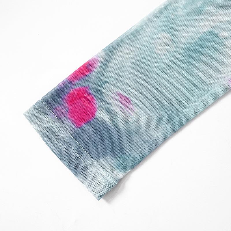 Long sleeve off shoulder tie dye ruffle sheer mesh top