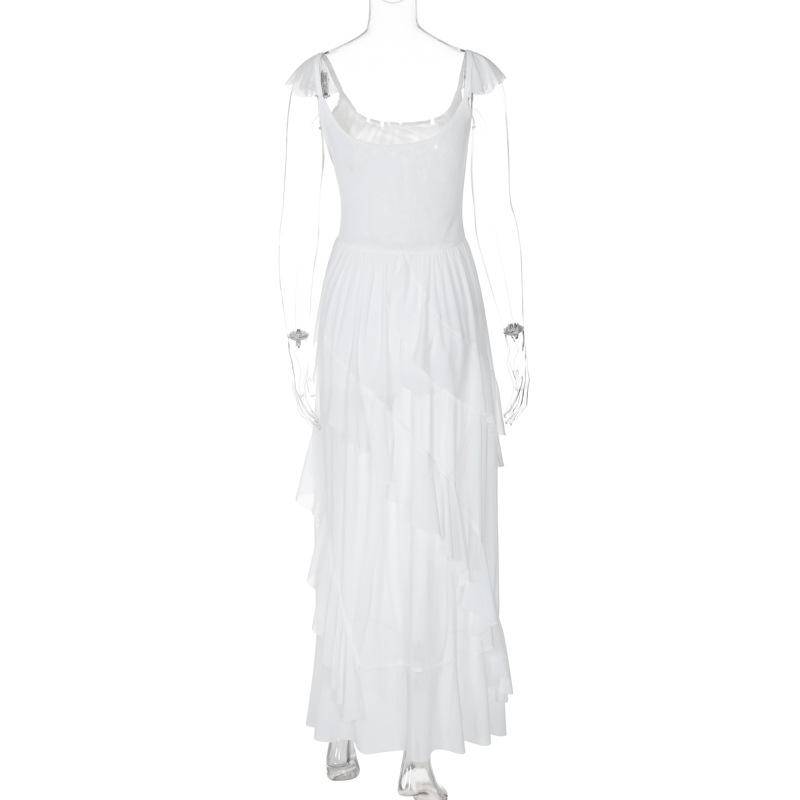 Ruched ruffle square neck sheer mesh cami maxi dress  | samba dress