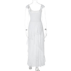 Ruched ruffle square neck sheer mesh cami maxi dress  | samba dress
