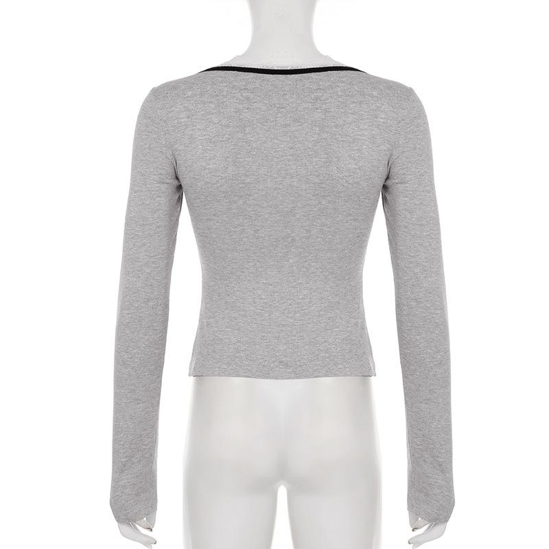 Long sleeve lace hem bowknot top