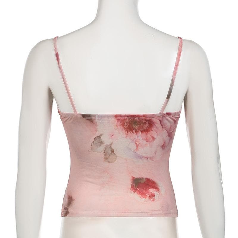 Lace hem flower print backless cami top