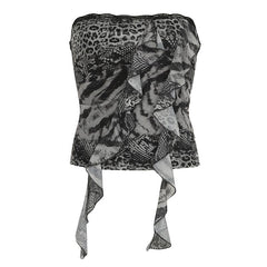 Leopard print ruffle lace hem tube top