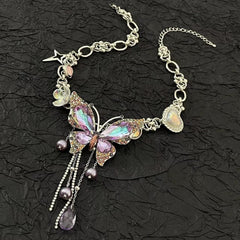 Purple butterfly flower beaded choker necklace