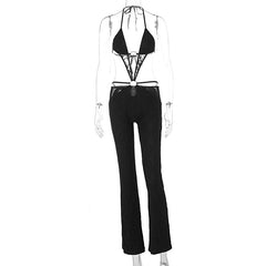 Halter lace o ring deep v neck hollow out jumpsuit