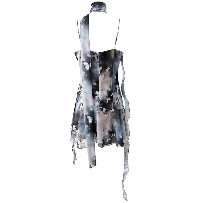 Butterfly print chiffon cami mini dress