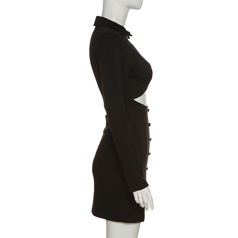 Long sleeve turnover collar button hollow out mini dress