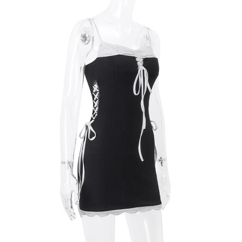 Self tie lace up backless patchwork contrast cami mini dress