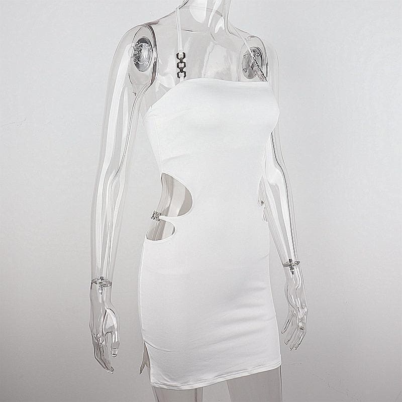 Halter metal chain hollow out backless solid mini dress