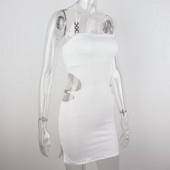Halter metal chain hollow out backless solid mini dress