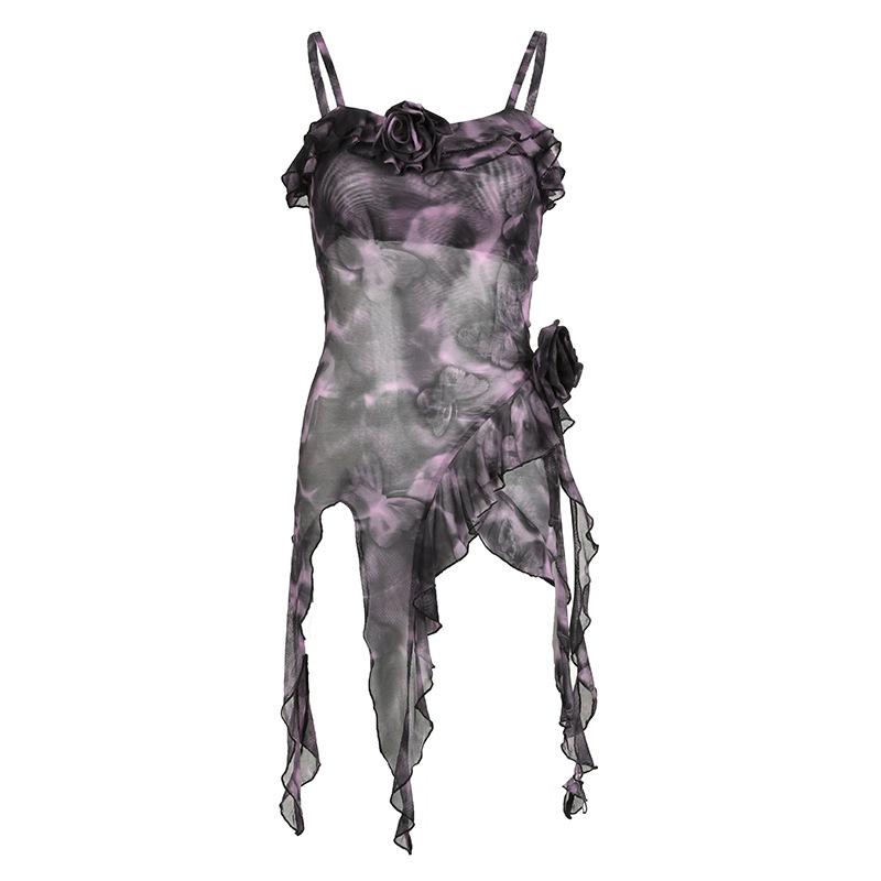 Ruffle sheer mesh print flower applique cami top