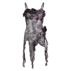 Ruffle sheer mesh print flower applique cami top