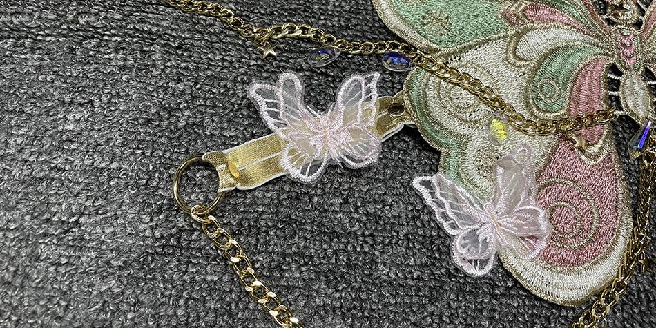 Butterfly embroidery metal chain halter top with choker