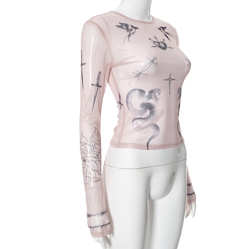 Long sleeve angel print sheer mesh crewneck top