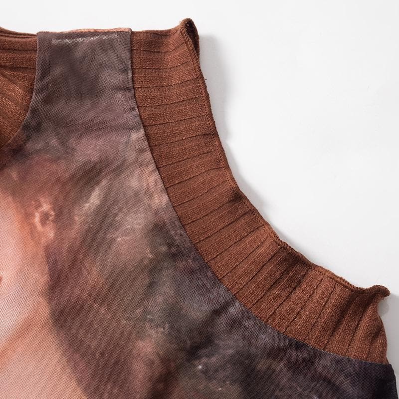 High neck sleeveless mesh see through print ribbed top