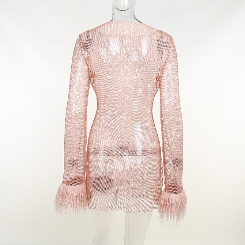 Long sleeve solid see through sheer mesh fluffy round neck mini dress  | samba dress